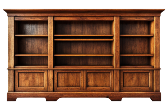 Elegant antique wooden bookcase rich brown tones detailed craftsmanship empty shelves ready for books on transparent background