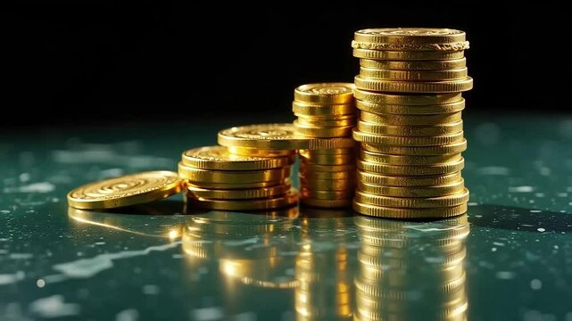 stacks of gold coins. stacks of euro coins isolated. Single used blank brass coin, top view isolated on white. Money Growth. American coins background