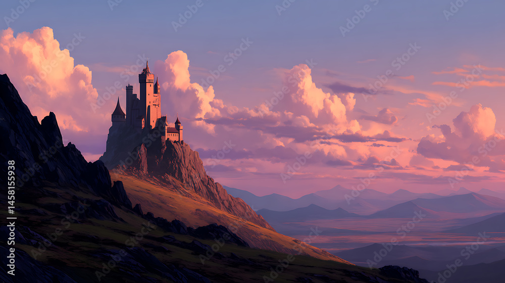 Poster a castle on top of a mountain with a sunset in the background
