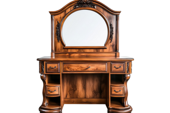 Elegant antique wooden vanity with ornate carvings and a large mirror rich brown tones against a black on transparent background