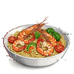 海老と野菜のスパゲティ 鮮やか色彩 食欲満点
