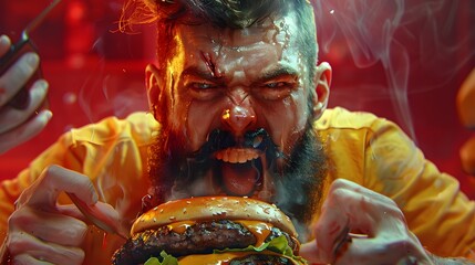 Raging Hunger: A Man's Fierce Encounter with a Massive Double Burger

