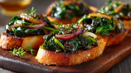 Buttery braised Swiss chard with caramelized onions on toasted bread, delightful appetizer