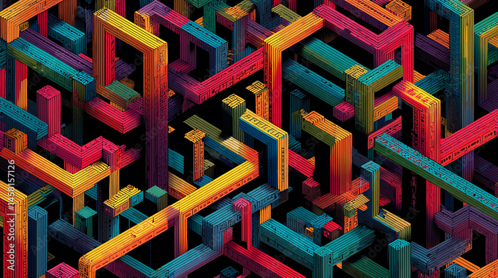 Leinwandbilder A complex and colorful maze with multiple paths and intersections