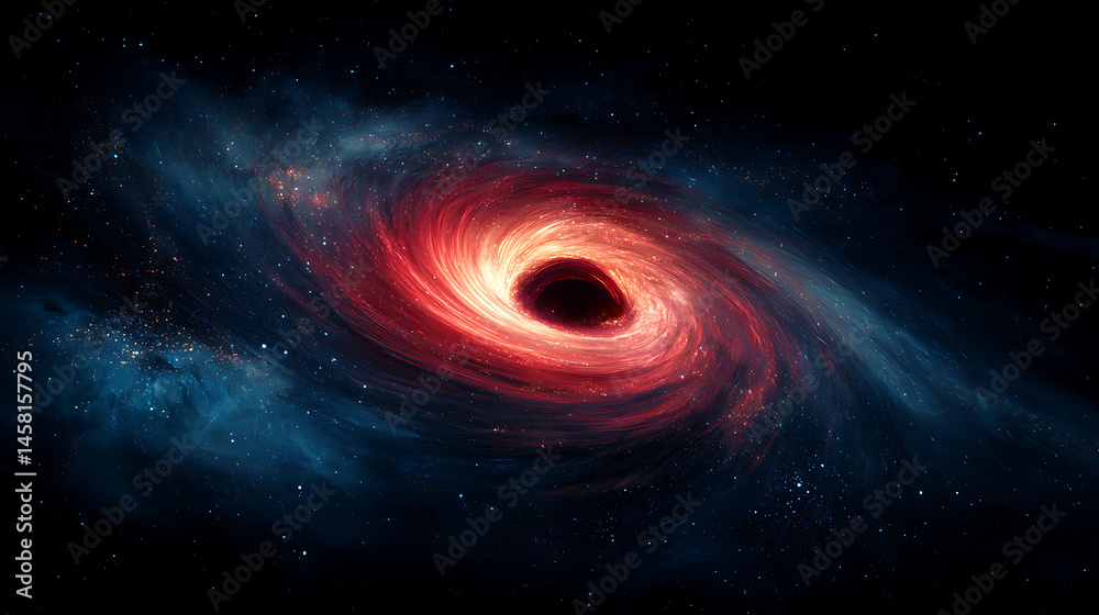 Poster a mesmerizing black hole with vibrant red and blue swirls in outer space