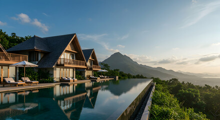 Fototapeta premium Scenic Luxury Villas Overlooking Serene Infinity Pool at Sunset