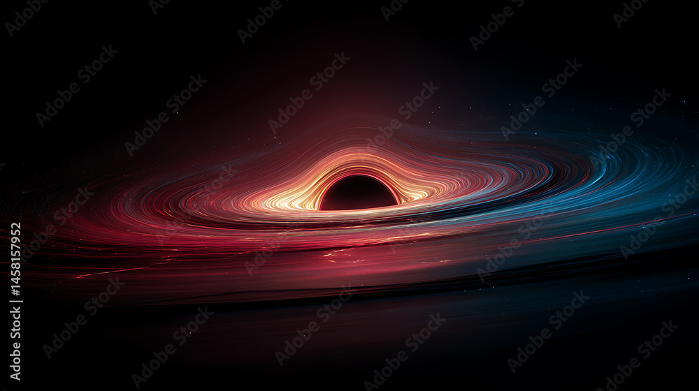 Poster a mesmerizing black hole with vibrant red and blue swirls in outer space