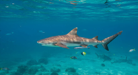 Fototapeta premium Majestic Shark Gliding Through Crystal Clear Ocean Waters