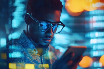 Financial data analysis conducted by a focused biracial businessman with modern technology, financial data processing over biracial businesswoman in office