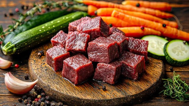 Fresh beef cubes ready for cooking, surrounded by vegetables