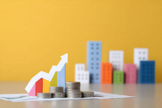 vibrant city skyline showcasing thriving businesses with graphs and charts illustrating economic growth