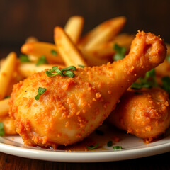 Crispy fried chicken served with golden fries, shredded cheese, and ketchup on wooden table