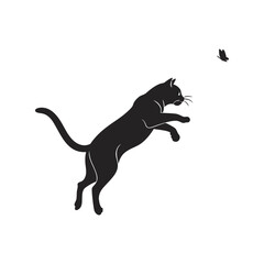 Cat playing with butterfly silhouette black vector illustration, playful feline interaction, pet animal clipart