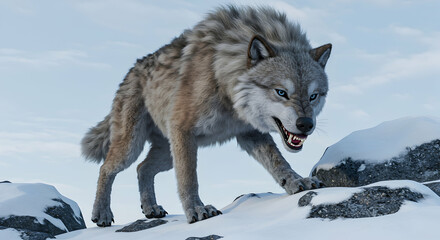 Obraz premium Fierce Wolf in Snowy Landscape Glaring at the Camera