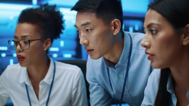 group of business people at office, 4k video of working late on a computer in an office.