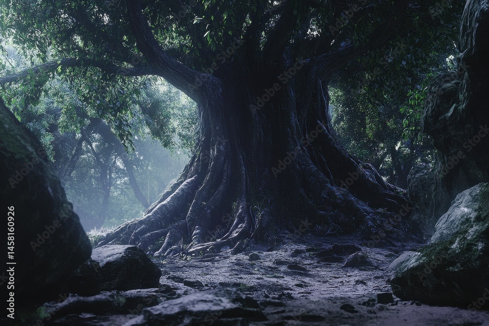 Poster majestic tropical trees with expansive roots illuminating the forest floor at dawn, large tropical t