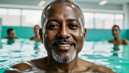 Elderly African American Man Doing Water Aerobics – Indoor Pool Exercise Session for Senior Fitness Programs, Retirement Communities, and Healthy Aging Lifestyle Blogs