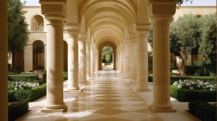 Fototapeta premium Serene Architectural Elegance in Sunlit Corridor Surrounded by Nature