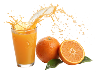 orange fruit splashing in orange juice isolated on white background, PNG