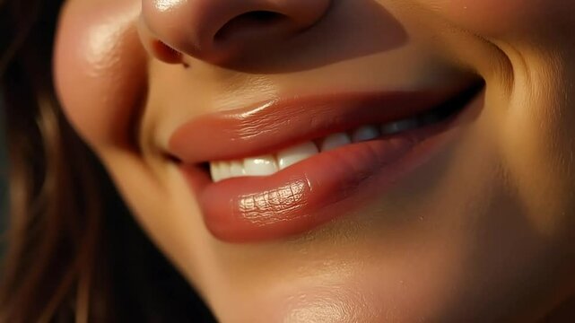 Attractive young woman smilling with natural white teeth.Beautiful woman. Young woman portrait. Portrait of a young woman stands and looks at herself in the mirror. She touches her face with her hands