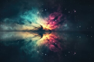 Obraz premium A mesmerizing cosmic nebula reflected in a still, dark body of water, creating a surreal, mirrored galaxy.