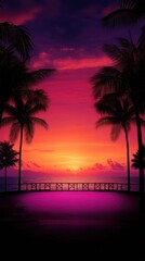 Obraz premium Vibrant sunset over ocean with silhouette palm trees