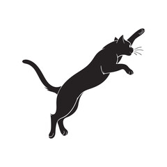 Jumping cat silhouette black vector illustration, leaping feline animal shape, pet clipart design