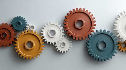 Interconnected Gears: A captivating visual of a multitude of interlocked gears in various colors, symbolizing the seamless synergy of innovation, teamwork, and technological progress.