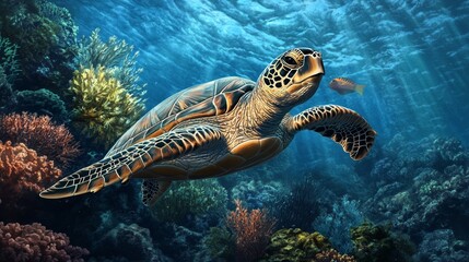 Fototapeta premium Green Sea Turtle Swimming Among Coral Reefs in Crystal Clear Ocean Highlighting Marine Life, Conservation, and Natural Underwater Beauty