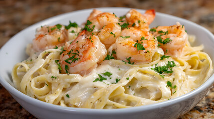 Creamy Fettuccine Pasta with Shrimp in Alfredo Sauce Topped with Fresh Parsley