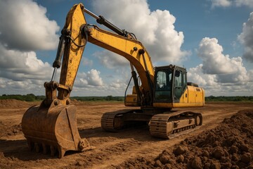 Heavy Yellow Excavator on Construction Site Under Blue Sky and Clouds