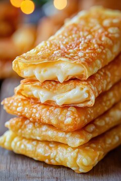 Stack of crispy golden Marquesitas filled with melted cheese, close-up of fried folded treats on rustic wooden surface

