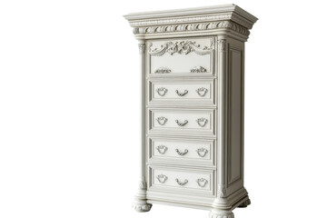 Fototapeta premium Elegant off white tallboy dresser with ornate carvings six drawers and classic design Studio shot on transparent background