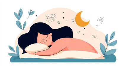 An illustration of a cozy bedroom shows a person peacefully asleep, bathed in the soft glow of moonlight, creating an atmosphere of calm, rest, and gentle nighttime serenity.