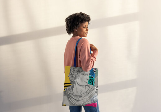 Afro-haired Black Woman With Blue Bag. PSD template mockup ready to use