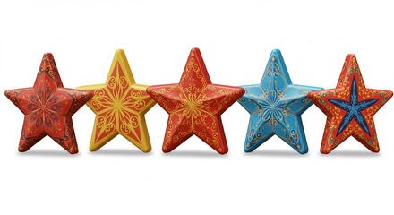 鮮やか色彩の手描き星飾り 五芒星並列