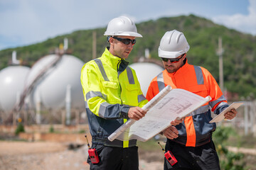 Industrial engineer inspection recording data at gas or petrochemical facility importance of safety, organization, and environmental awareness in industrial settings.