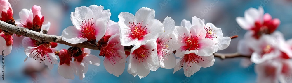 Poster blossoming apricot tree branches with springtime blue background concept. delicate blooming flowers 