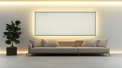 Fototapeta premium Modern minimalist living room interior with beige sofa and blank frame