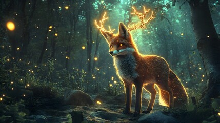 Majestic fox with glowing deer antlers standing in a twilight forest with magical atmosphere and fireflies