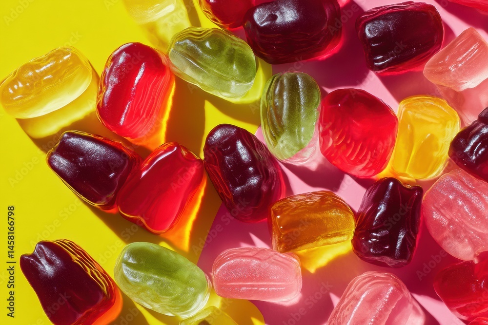 Poster vibrant vitamin gummies arranged in a creative layout on a colorful background showcasing assorted f