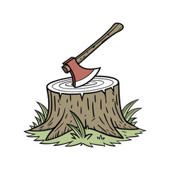 Axe on tree stump vector illustration, lumberjack tool and woodcutting scene icon for forestry, logging, and outdoor design