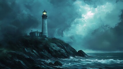 Stormy Night Lighthouse Seascape. (1)