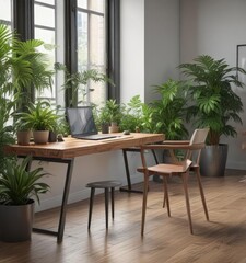 Fototapeta premium Sleek wooden desk, vibrant plants, modern office setting , concentration, background, decor