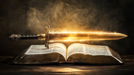 Glowing sword on ancient book, mystical scene.