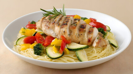 Grilled Chicken Breast Served Over Angel Hair Pasta with Colorful Vegetables and Aromatic Herbs