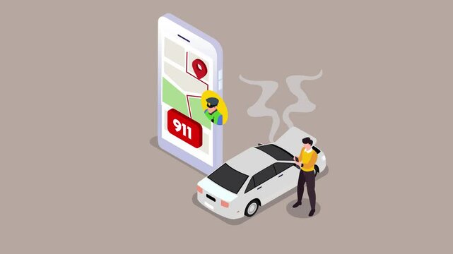 Person standing next to a smoking car with the hood open, using a smartphone app to call for emergency roadside assistance 3d animation cartoon