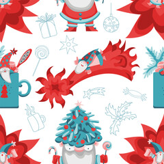 Seamless pattern with cute Christmas gnomes Santa Claus with gifts and decorations isolated on white. Cartoon vector flat illustrations, traditional winter holidays