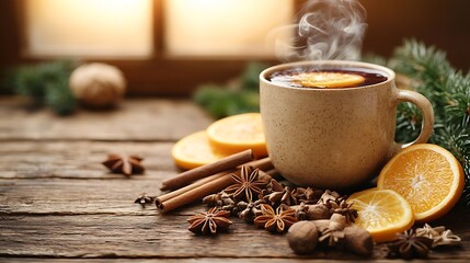 Warm spiced winter drink with cozy home.