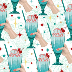 Seamless pattern with hands holding glass of fruit and milk cocktail beverage drink on white. Cartoon vector flat illustration